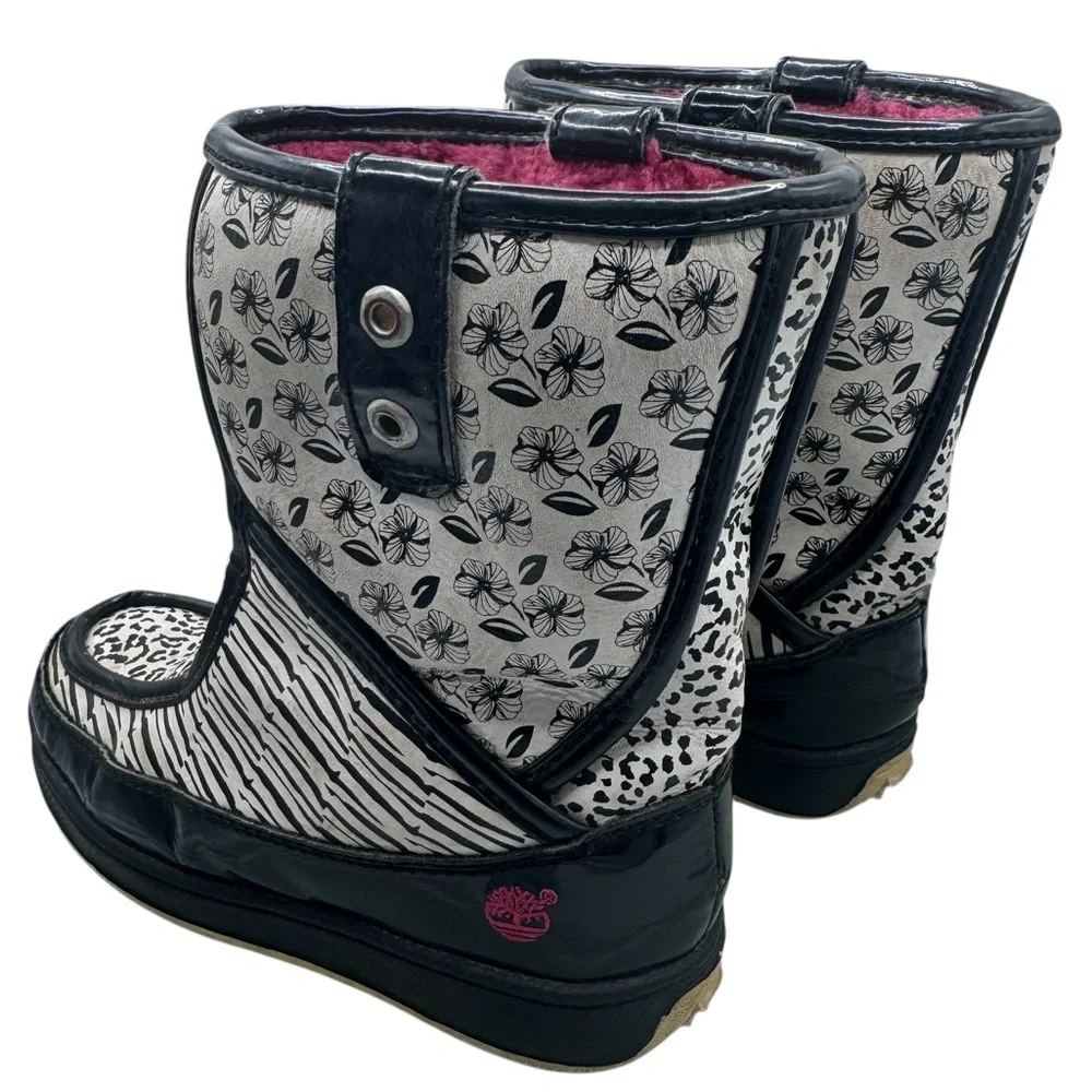 Timberland Girl’s Black and White Print with Pink Accents Snow Boots - Size 11
